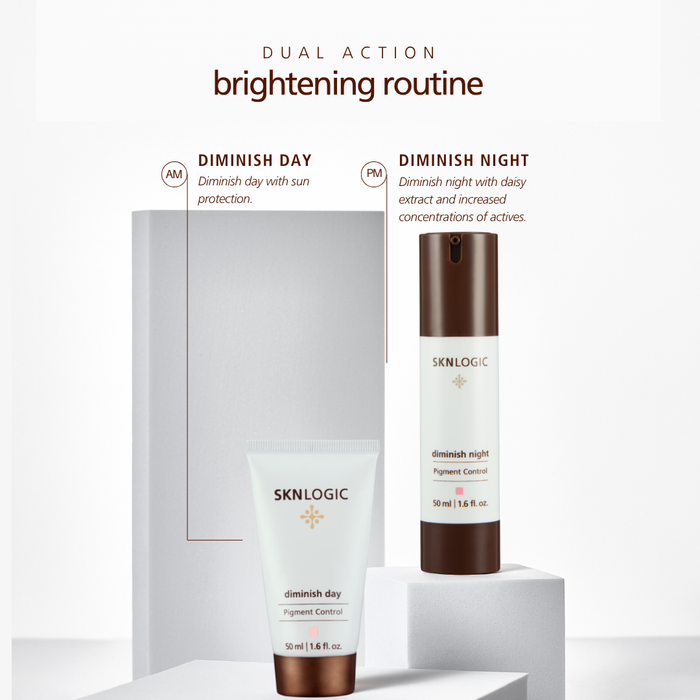 SKN048 SKNLOGIC Diminish Day Diminish Night Pigment Control Cream 50ml | SKINLOGIC Dual Action Brightening Routine set featuring a white and brown 'Diminish Day' tube and a white and brown 'Diminish Night' pump bottle displayed next to their white packaging boxes on white pedestals, with descriptive text above.