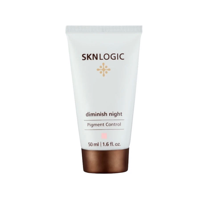 SKN049 SKNLOGIC Diminish Night Pigmentation Control Cream 50ml | A 50 ml squeeze tube of SKNLOGIC diminish night Pigment Control cream, featuring a white body with a metallic bronze cap and gold logo, set against a plain white background.