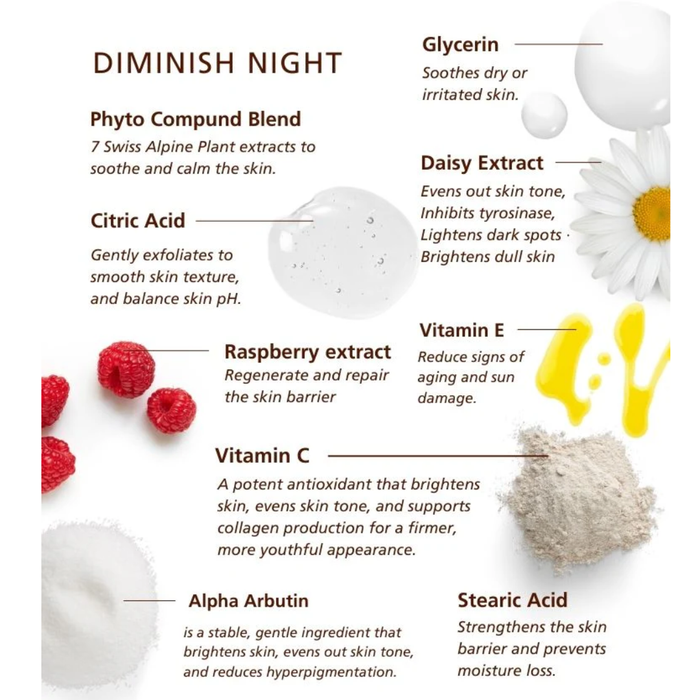 SKN049 SKNLOGIC Diminish Night Pigmentation Control Cream 50ml | An informational graphic titled 'DIMINISH NIGHT' showing ingredient callouts with small product imagery: Phyto Compound Blend, Glycerin, Daisy Extract, Vitamin E, Raspberry extract, Vitamin C, Alpha Arbutin, and Stearic Acid. The layout uses text blocks, icons, and small ingredient photos on a white background.
