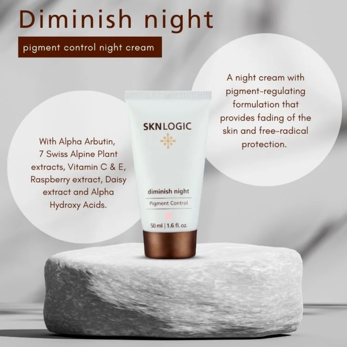 SKN049 SKNLOGIC Diminish Night Pigmentation Control Cream 50ml | A tube of SKNLOGIC diminish night pigment control night cream stands on a gray stone pedestal against a light gray background, with two white text circles and brown headline text describing the product.
