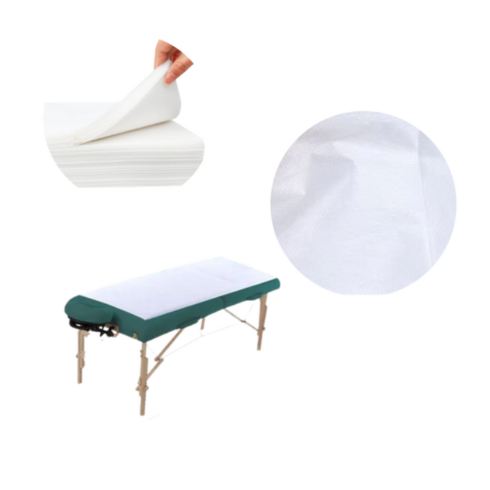 Massage table with white disposable woven cover and some folded-on top of each other, surrounded by a close-up image of the cover fabric on a white background.