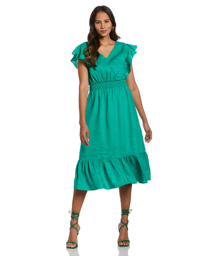 Double V Neck Ruffle Dress (Simply Green)