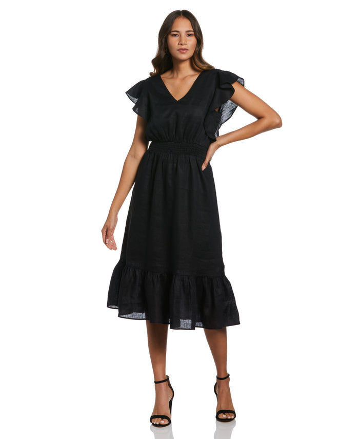 Double V Neck Ruffle Dress (Black)
