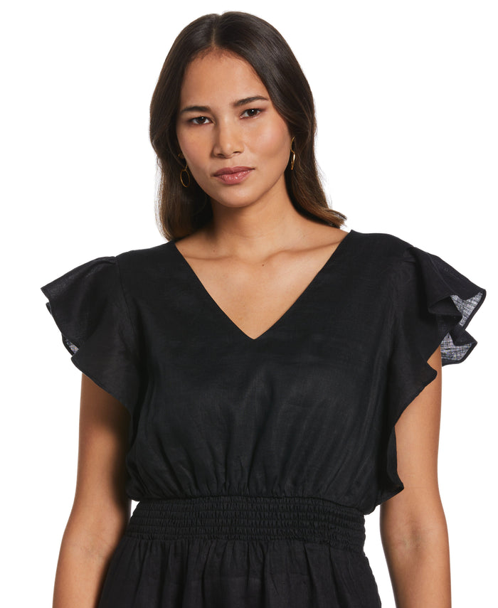 Double V Neck Ruffle Dress (Black)