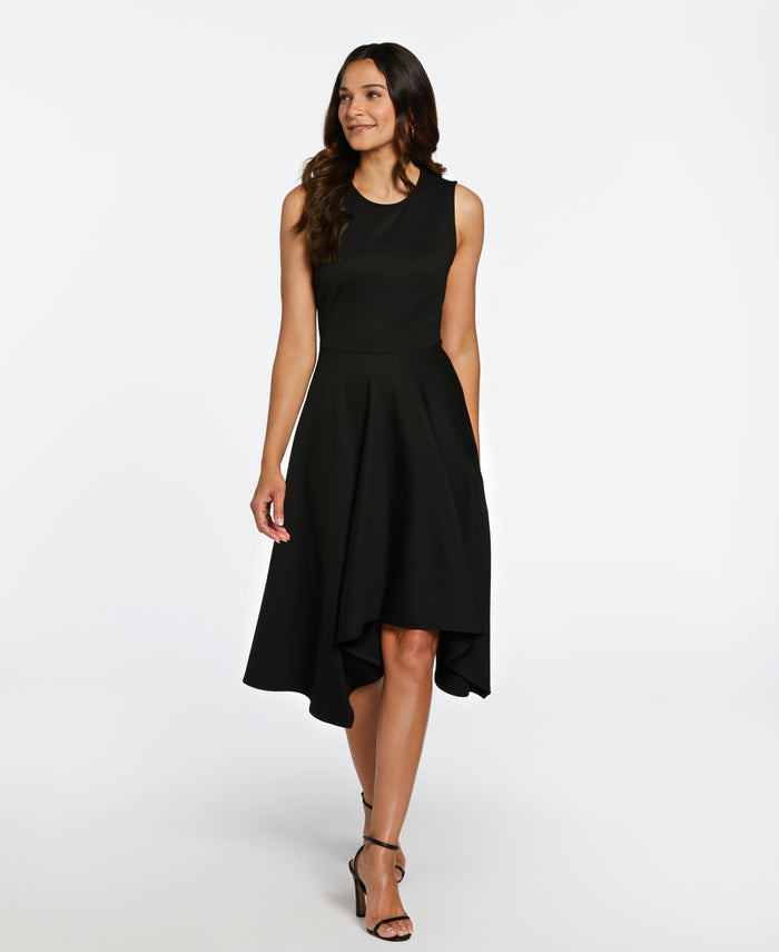 Draped Skirt Sleeveless Ponte Dress (Black)