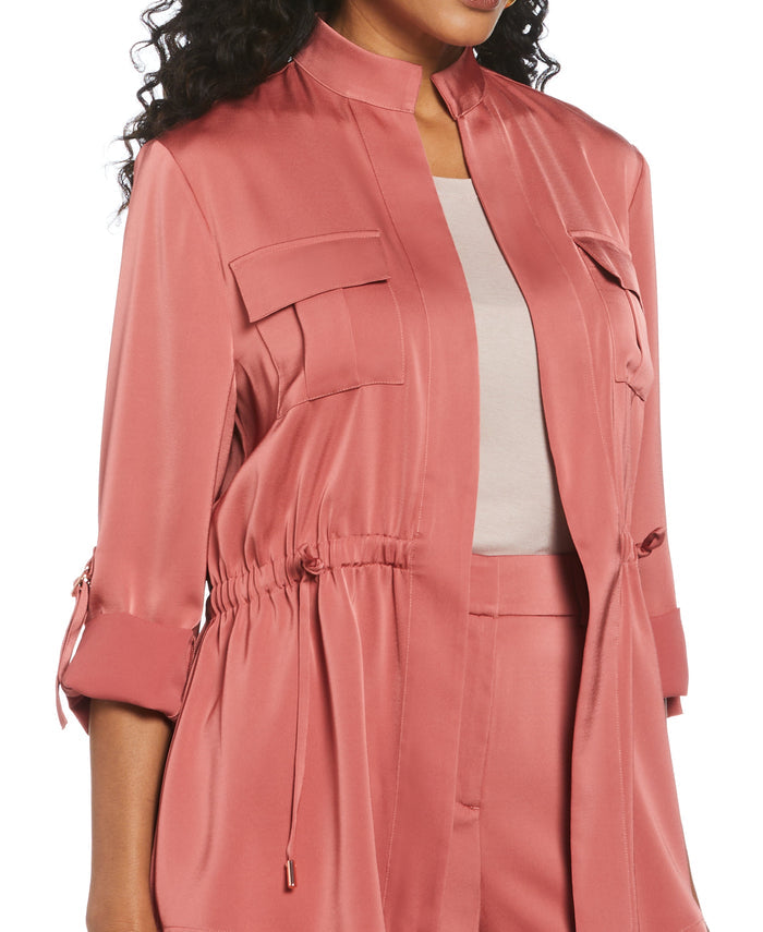 Drawcord Waist Shine Roll Sleeve Jacket (Dusty Cedar)