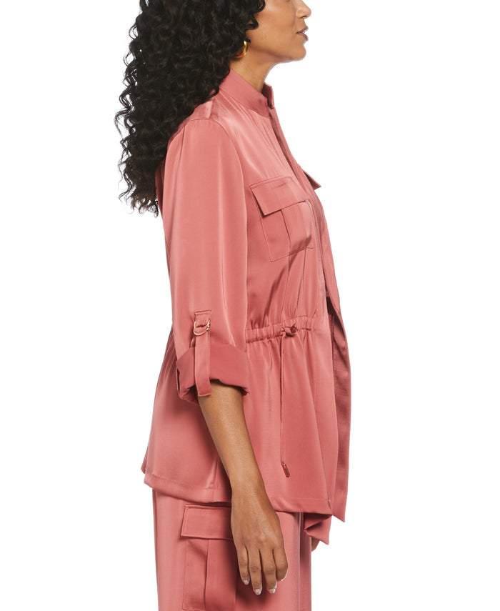 Drawcord Waist Shine Roll Sleeve Jacket (Dusty Cedar)