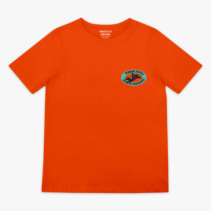 Orange t-shirt with a small 'Where Dust Meets Diamond' logo on the chest against a white background