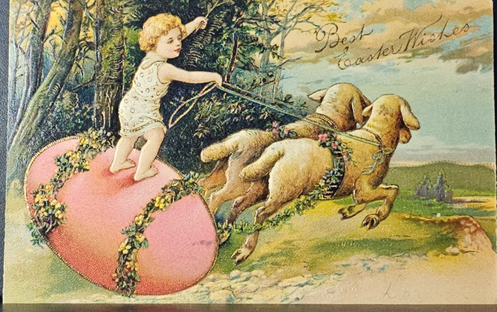 Easter Postcard Cherub Riding Egg with Lambs PFB No 5840