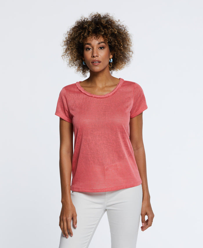 Eco Fabric Short Sleeve Top with Decorative Trim (Sun Kissed Coral)