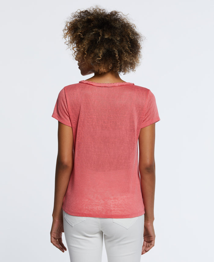 Eco Fabric Short Sleeve Top with Decorative Trim (Sun Kissed Coral)