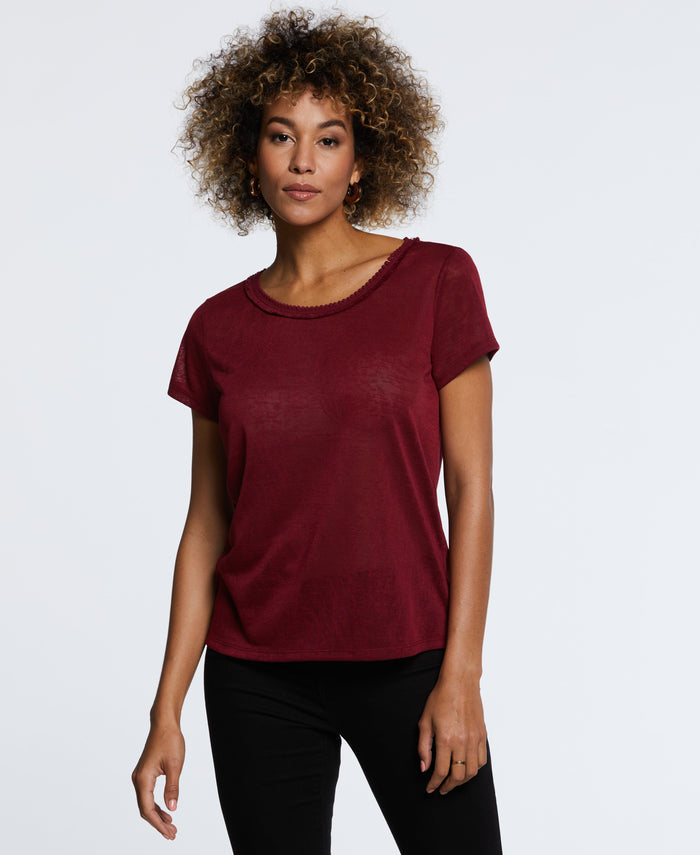 Eco Fabric Short Sleeve Top with Decorative Trim (Rumba Red)
