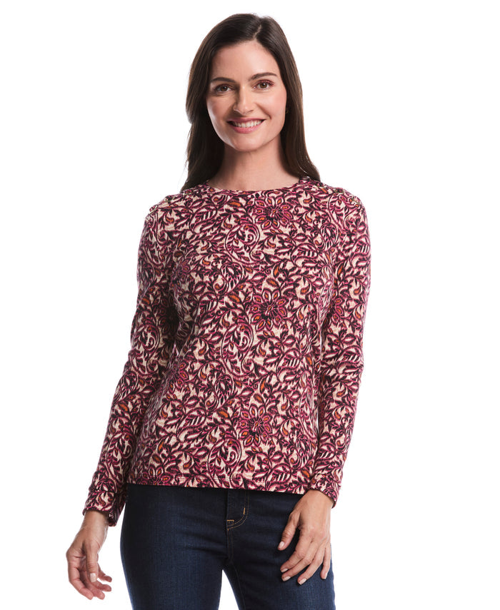 Elegant Print Laced Crew Neck Top (Beetroot Purple)