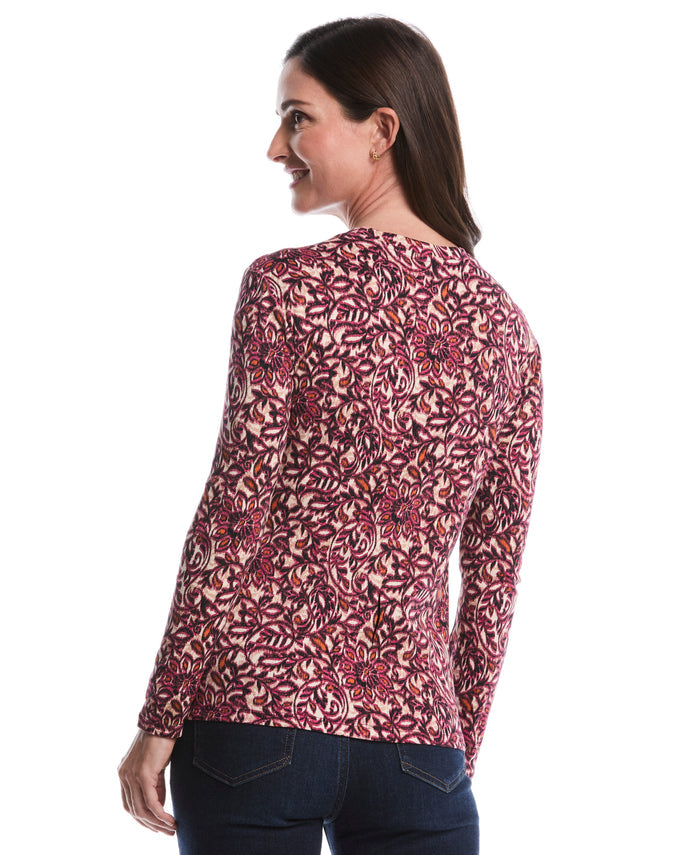 Elegant Print Laced Crew Neck Top (Beetroot Purple)