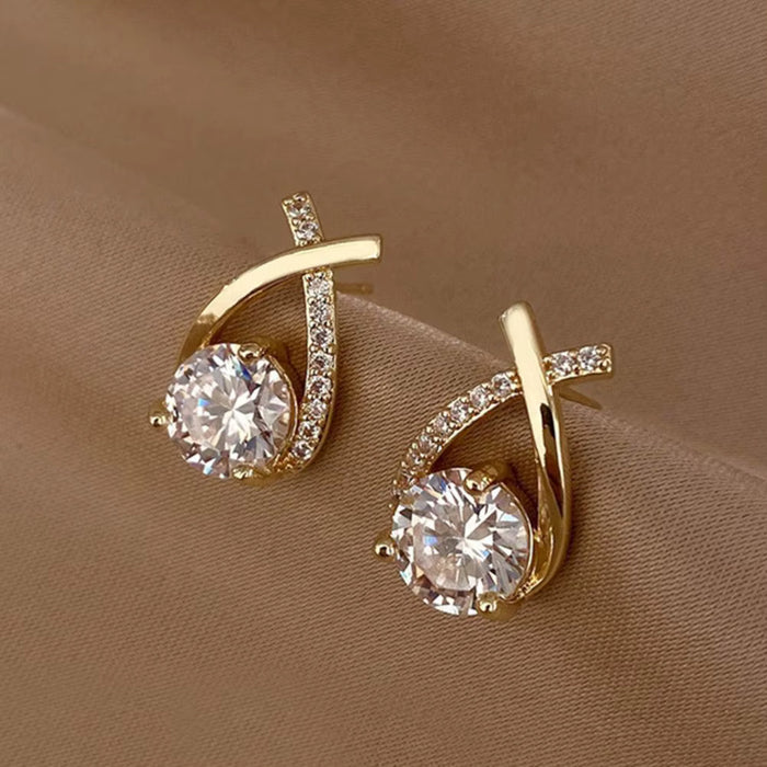 Elegant Women's Gold & Crystal Criss Cross Fashion Jewelry Stud Earrings