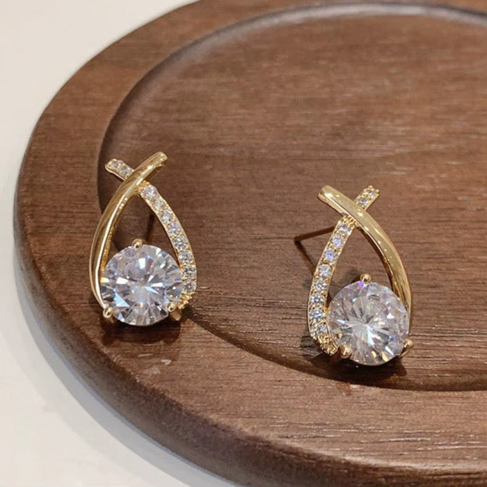 Elegant Women's Gold & Crystal Criss Cross Fashion Jewelry Stud Earrings