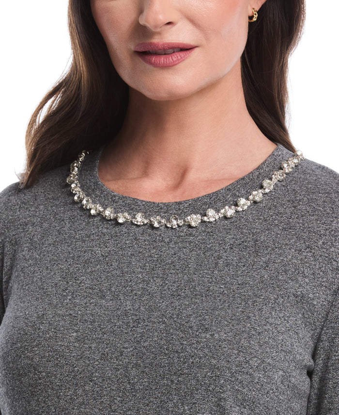 Embellished Neck Top (Salt & Pepper Heather)