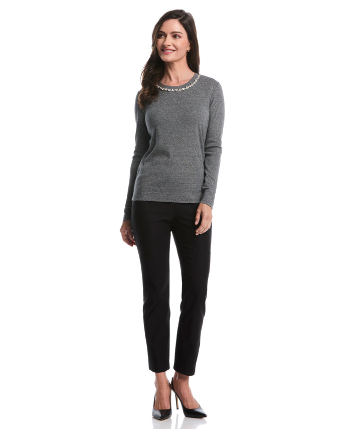 Embellished Neck Top (Salt & Pepper Heather)