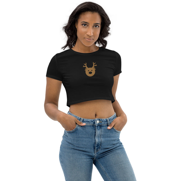 Embroidered Gold Reindeer Organic Crop Top