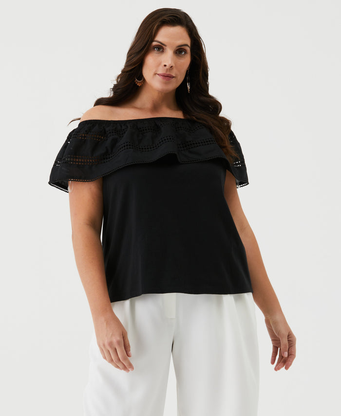 Embroidered Off The Shoulder Top (Black)