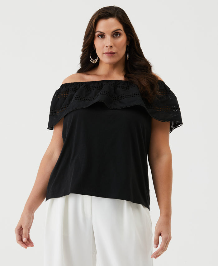 Embroidered Off The Shoulder Top (Black)