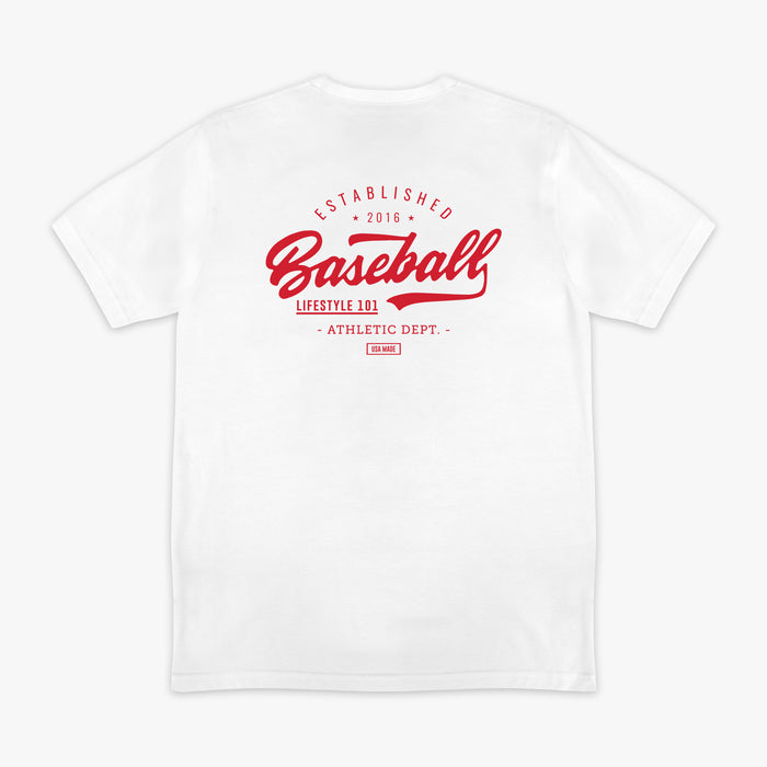White t-shirt with red 'Baseball Lifestyle 101' text in the middle