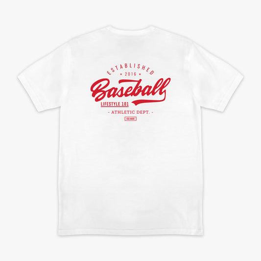 White t-shirt with red 'Baseball Lifestyle 101' text in the middle