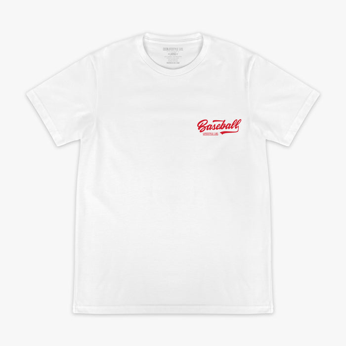 White t-shirt with red 'Baseball Lifestyle 101' text in the top corner