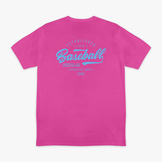Pink t-shirt with blue 'Baseball' text on the back against a white background