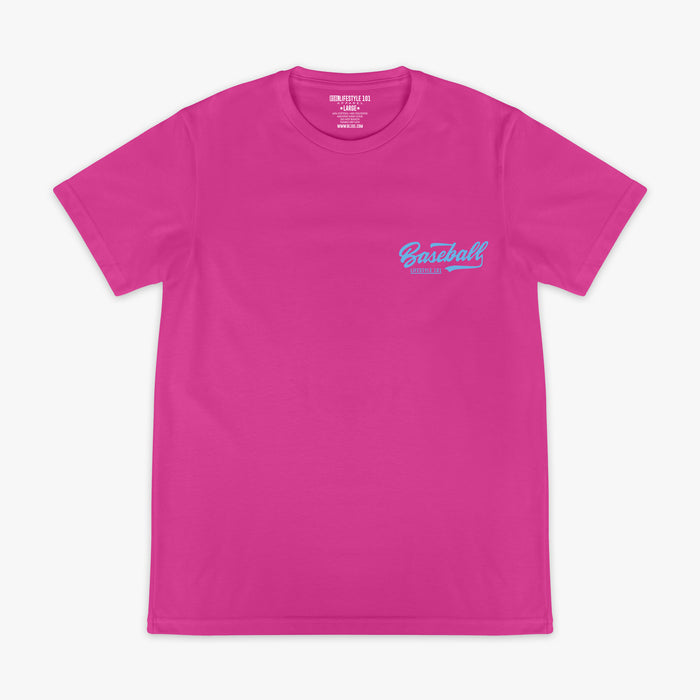 Pink t-shirt with blue 'Baseball Lifestyle' text in top corner