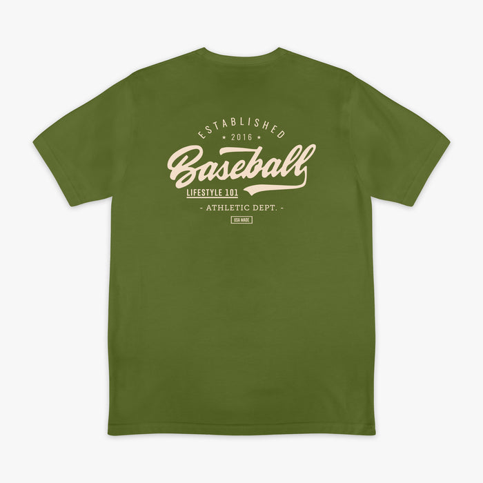 Olive green baseball graphic T- Shirt with vintage white lettering that says 'Established 2016 Baseball Lifestyle 101 Athletic Dept. USA Made'.