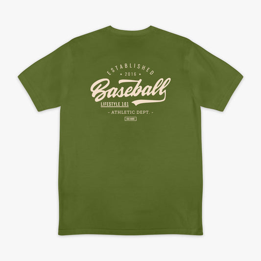 Olive green baseball graphic T- Shirt with vintage white lettering that says 'Established 2016 Baseball Lifestyle 101 Athletic Dept. USA Made'.