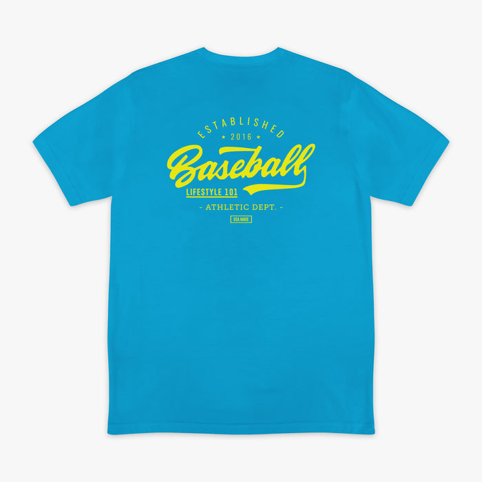 Blue t-shirt with yellow text that says 'Baseball Lifestyle 101' on back