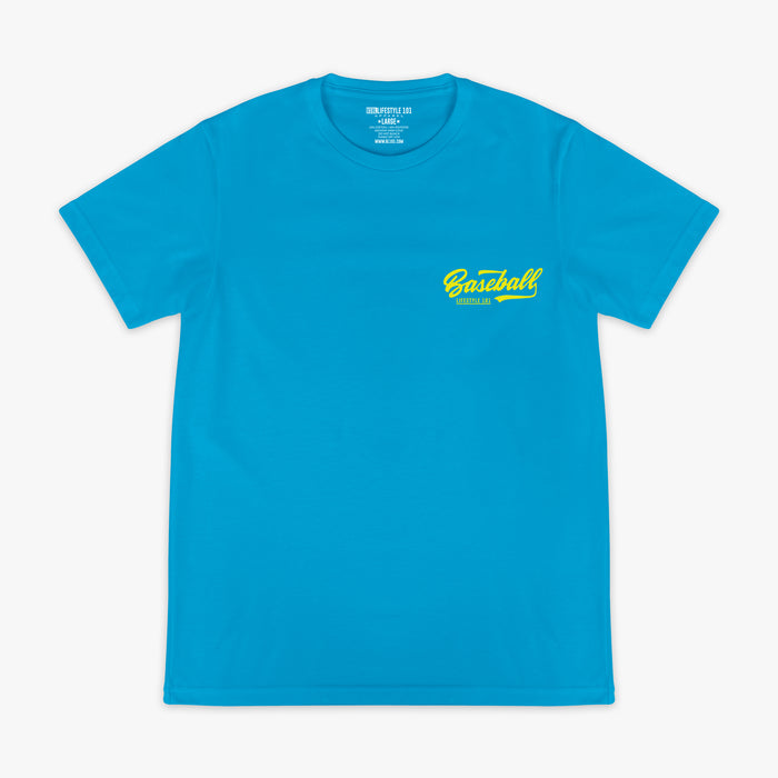 Blue t-shirt with yellow text that says 'Baseball Lifestyle 101' in top corner
