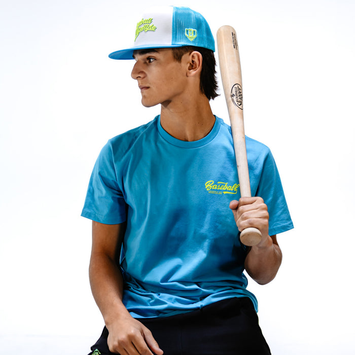 Person wearing a blue shirt and cap holding a baseball bat on a white background
