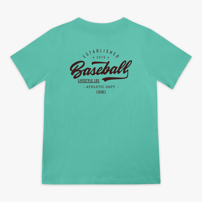 Green t-shirt with brown 'Baseball Lifestyle 101' text in center
