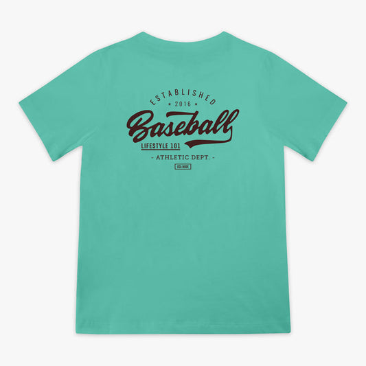 Green t-shirt with brown 'Baseball Lifestyle 101' text in center