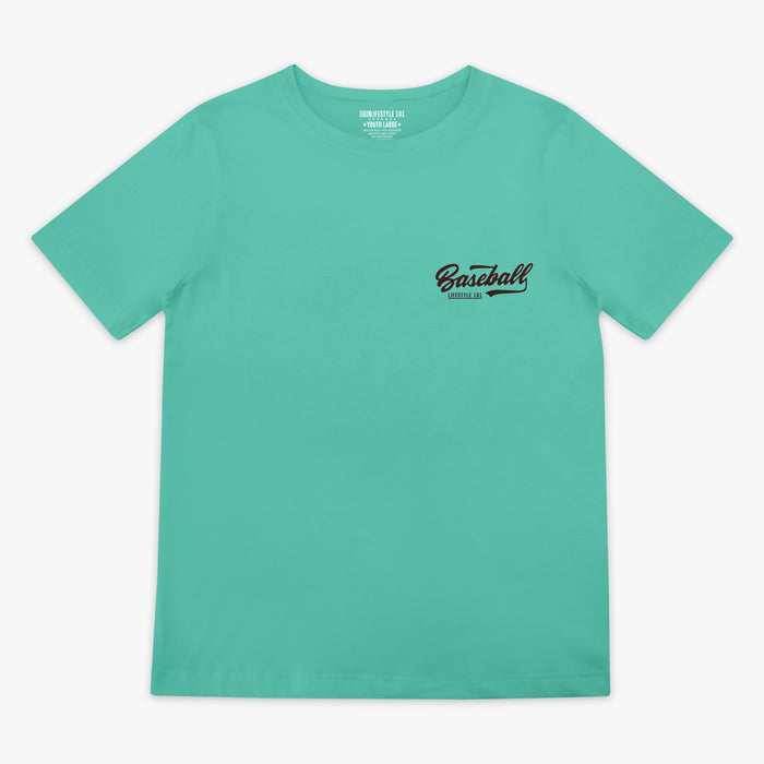 Green t-shirt with 'Baseball Lifestyle 101' text in top center
