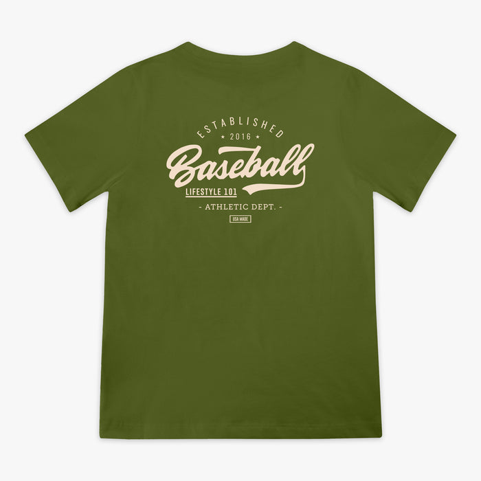 Olive green baseball graphic Youth T- Shirt with vintage white lettering that says 'Established 2016 Baseball Lifestyle 101 Athletic Dept. USA Made'.