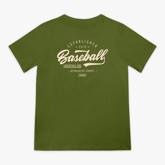 Olive green baseball graphic Youth T- Shirt with vintage white lettering that says 'Established 2016 Baseball Lifestyle 101 Athletic Dept. USA Made'.
