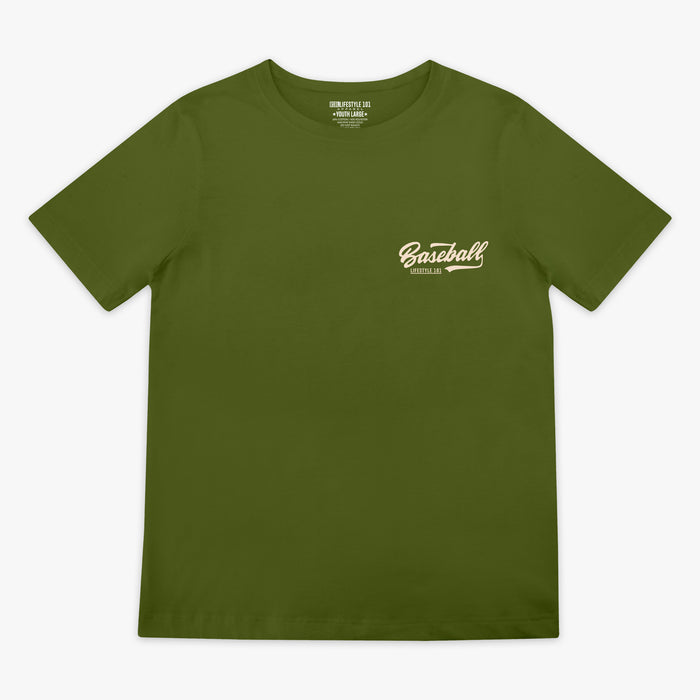 Olive green baseball graphic Youth T- Shirt with vintage white lettering that says 'Baseball Lifestyle 101' in top corner.