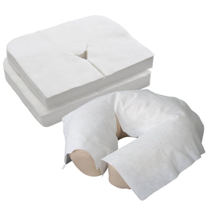 Z713B Disposable Woven Massage Bed Face Cradle Cover | White disposable breathing hole and support cushion cover shown on a plain white background, with one stack of breathing covers and one on a U-shaped neck pillow.