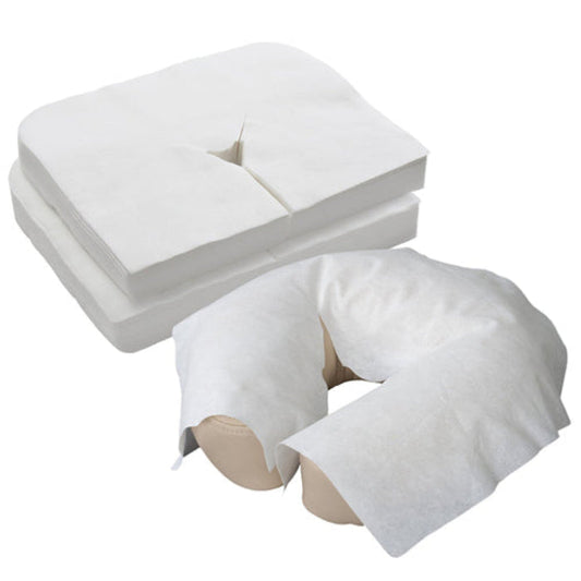 Z713B Disposable Woven Massage Bed Face Cradle Cover | White disposable breathing hole and support cushion cover shown on a plain white background, with one stack of breathing covers and one on a U-shaped neck pillow.