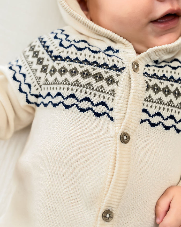 Fair Isle Jacquard Sweater Knit Baby Hooded Jumpsuit (Organic Cotton)