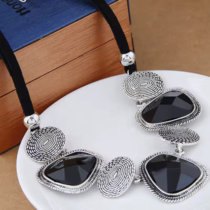 Fashion Statement Antique Silver & Black Resin Stone Collar Bib Chunky Necklace
