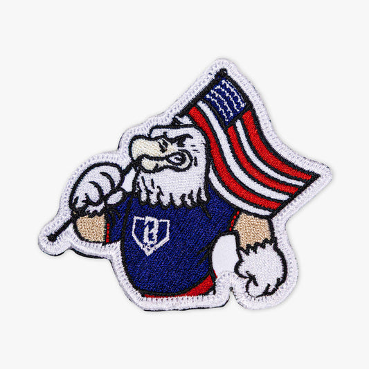 Adult model wearing red, white & blue patch with "Fastballs & Freedom Patch" design