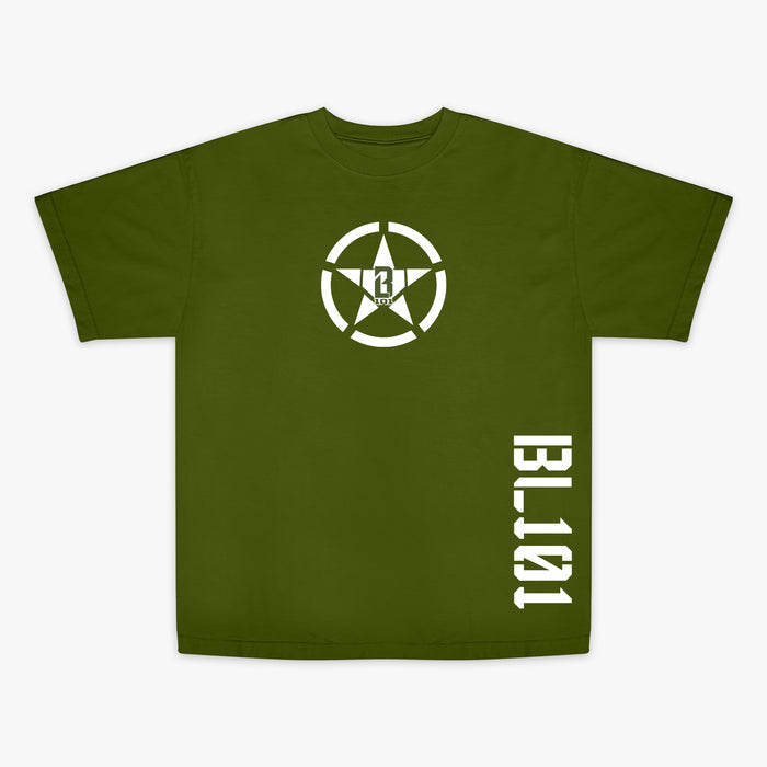 Army green T- shirt with white BL101 star logo on front and white BL101 lettering on side