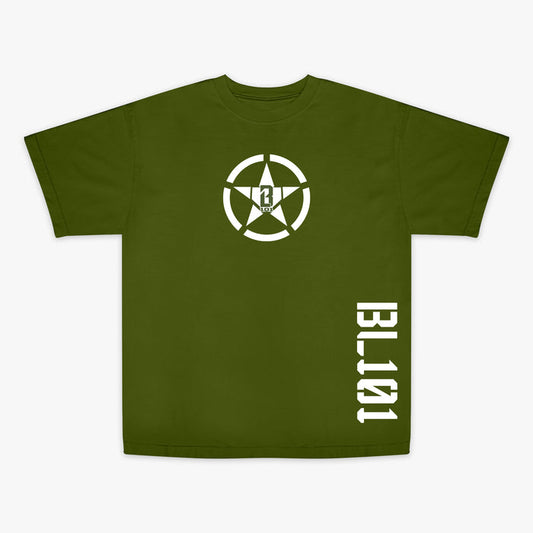 Army green T- shirt with white BL101 star logo on front and white BL101 lettering on side