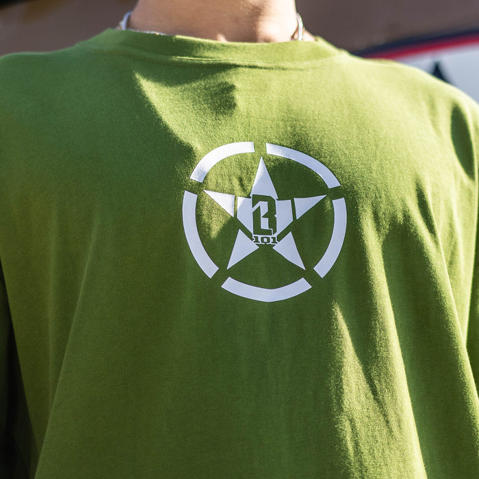 Adult model wearing field General Army Green graphic tee