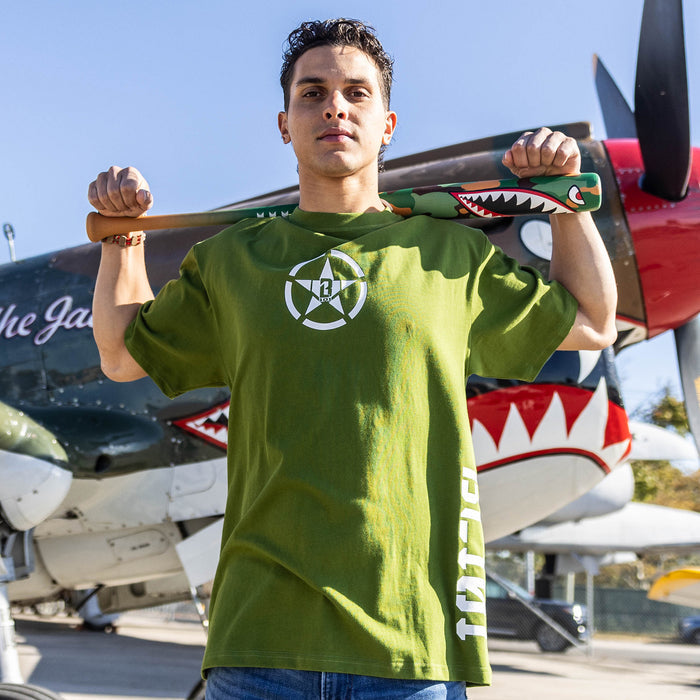 Adult model wearing field General Army Green graphic tee